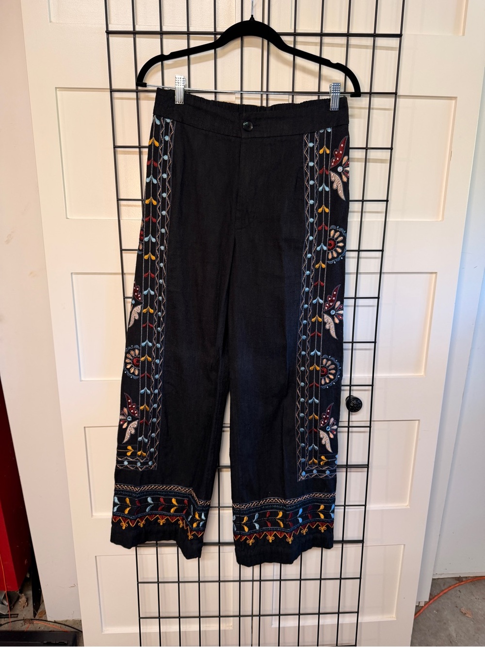 Anthropologie Embroidered Black Wide-Leg Pants - Picture 2 of 6